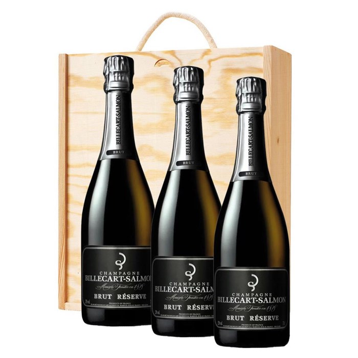 View 3 x Billecart Salmon Le Reserve Champagne 75cl In A Pine Wooden Gift Box