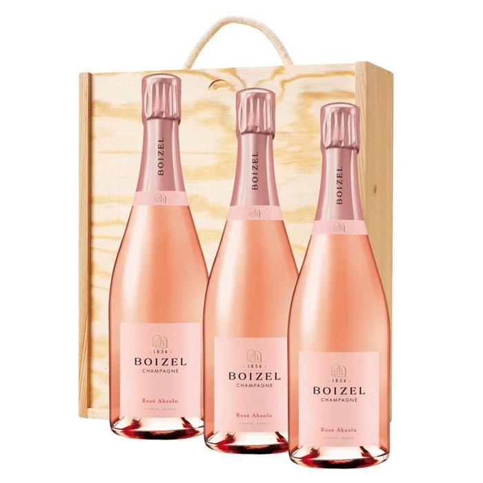 View 3 x Boizel Rose Absolu Champagne 75cl In A Pine Wooden Gift Box