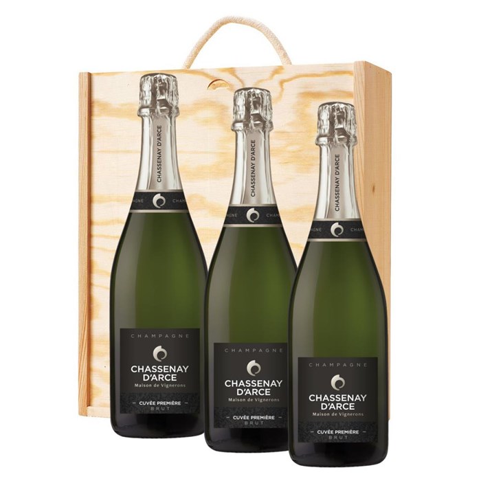 View 3 x Chassenay d'Arce Cuvee Premiere Brut Champagne 75cl In A Pine Wooden Gift Box