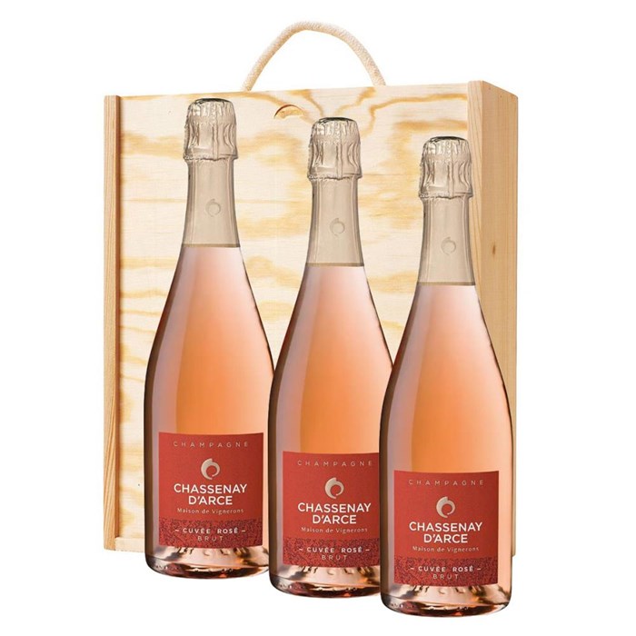 View 3 x Chassenay dArce Cuvee Rose Champagne 75cl In A Pine Wooden Gift Box