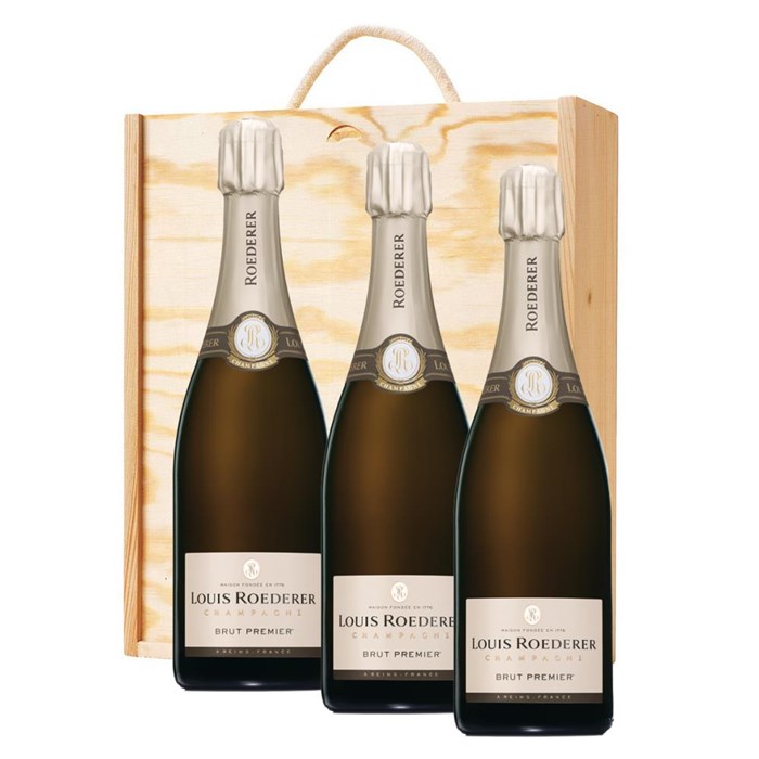 View 3 x Louis Roederer Brut Premier 75cl In A Pine Wooden Gift Box