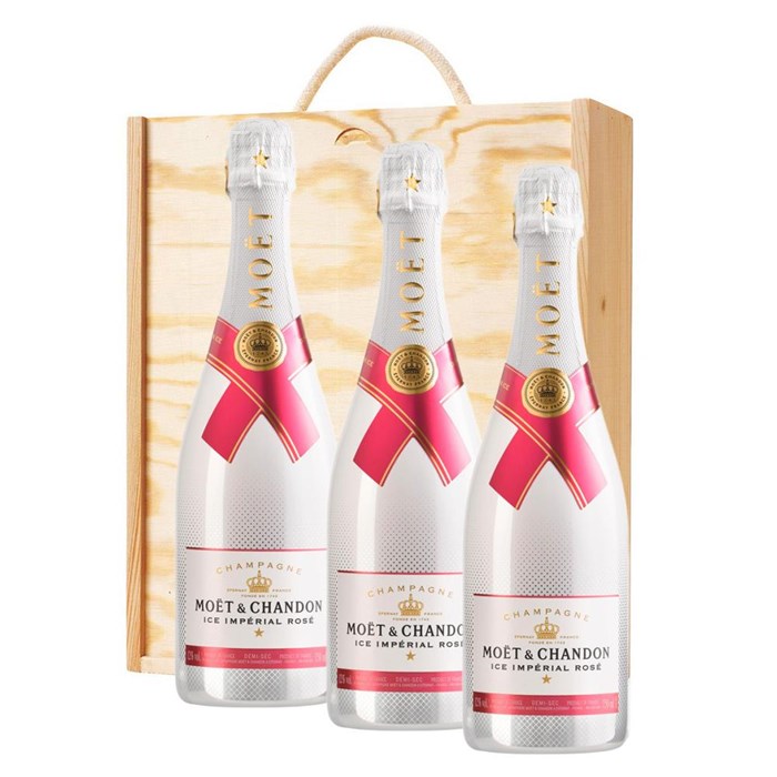 View 3 x Moet & Chandon Ice Imperial Rose 75cl In A Pine Wooden Gift Box