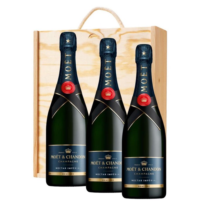 View 3 x Moet & Chandon Nectar Demi Sec Champagne 75cl In A Pine Wooden Gift Box