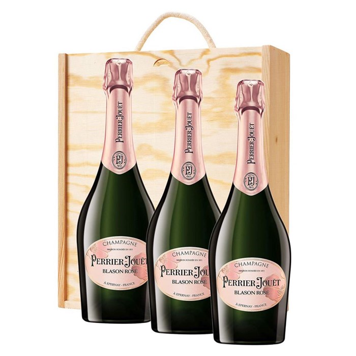 View 3 x Perrier Jouet Blason Rose Champagne 75cl In A Pine Wooden Gift Box