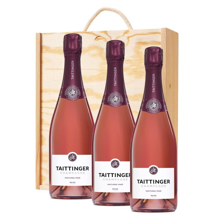 View 3 x Taittinger Nocturne Rose Sec Champagne 75cl In A Pine Wooden Gift Box