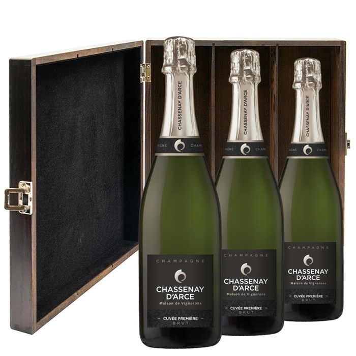 View Chassenay d'Arce Cuvee Premiere Brut Champagne 75cl Three Bottle Luxury Elm Wood Gift Box