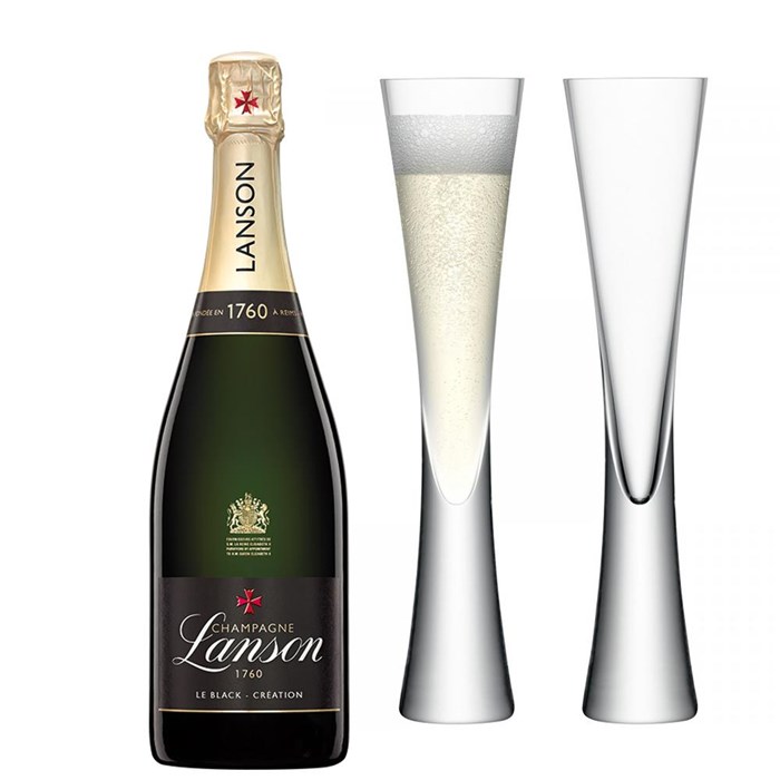 View Lanson Le Black Creation Brut Champagne 75cl with LSA Moya Flutes