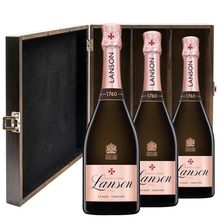 View Lanson Le Rose Creation Champagne 75cl Three Bottle Luxury Elm Wood Gift Box