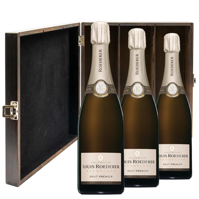 View Louis Roederer Brut Premier 75cl Three Bottle Luxury Elm Wood Gift Box