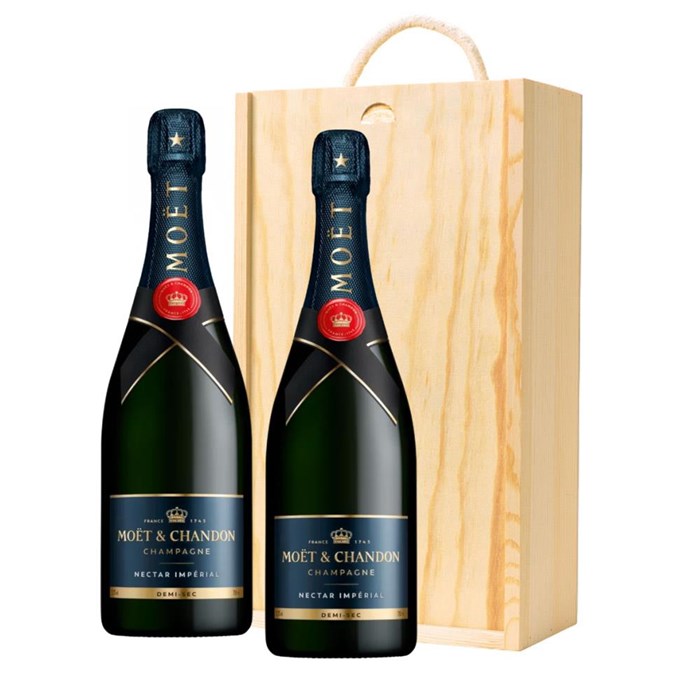 View Moet & Chandon Nectar Demi Sec Champagne 75cl Twin Pine Wooden Gift Box (2x75cl)