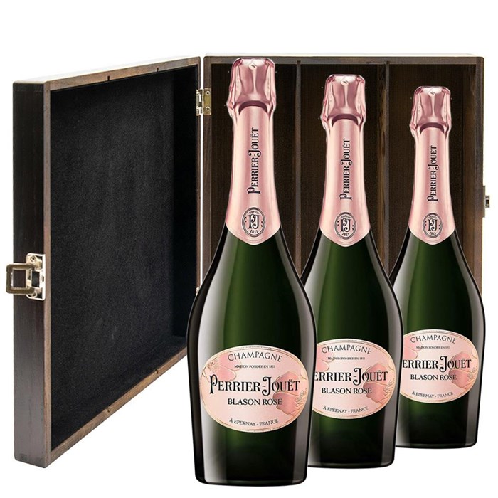 View Perrier Jouet Blason Rose Champagne 75cl Three Bottle Luxury Elm Wood Gift Box