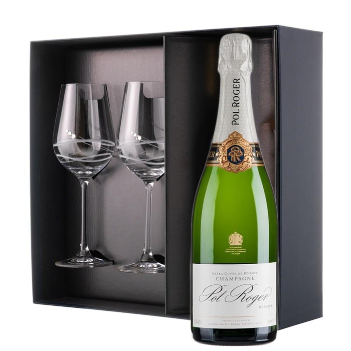 View Pol Roger Brut Reserve Champagne 75cl And Venezia Glasses Gift Box Set