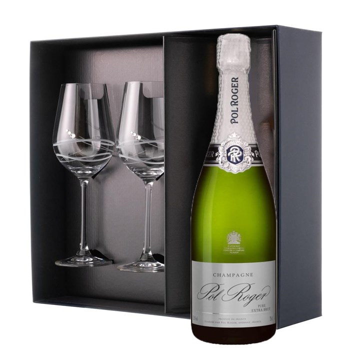 View Pol Roger Pure Extra Brut Champagne 75cl And Venezia Glasses Gift Box Set