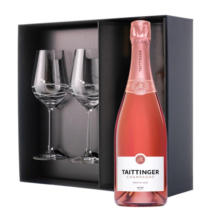 View Taittinger Brut Prestige Rose NV Champagne 75cl And Venezia Glasses Gift Box Set