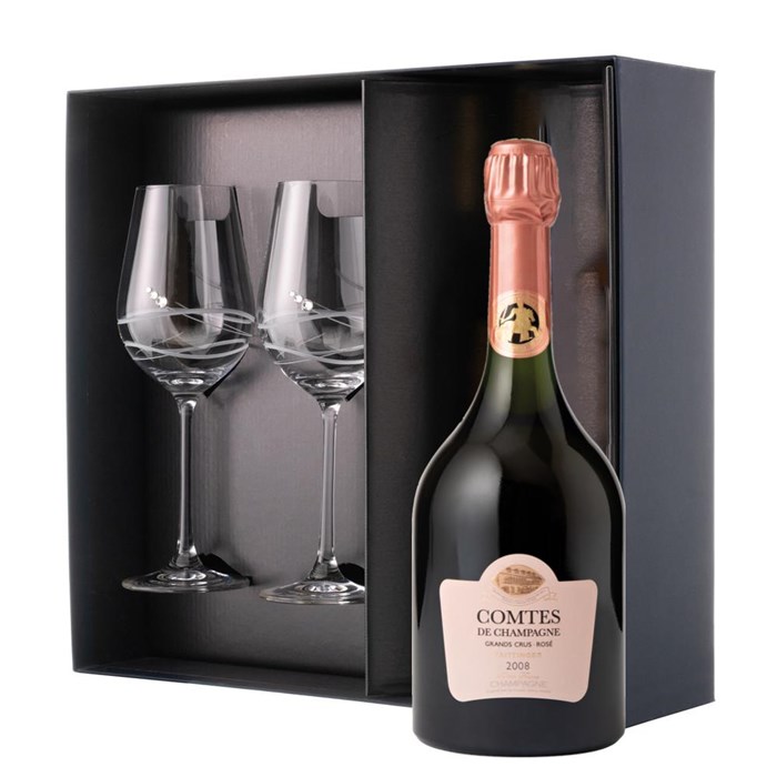 View Taittinger Comtes de Champagne Rose 2009 75cl And Venezia Glasses Gift Box Set