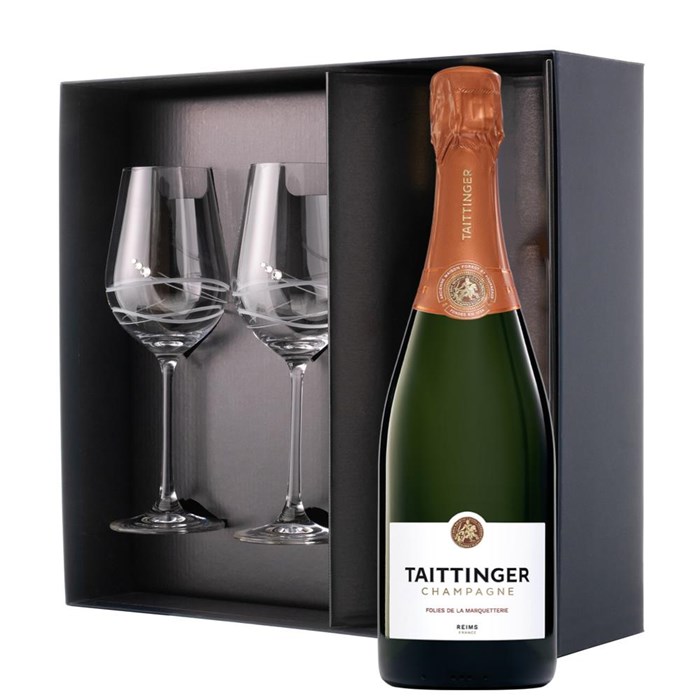 View Taittinger Les Folies de la Marquetterie Champagne 75cl And Venezia Glasses Gift Box Set